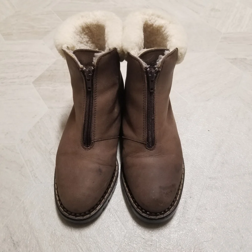 Blondo Waterproof Brown Leather Chunky Heel White Sherpa Cuff Zip Ankle Boots 7‎